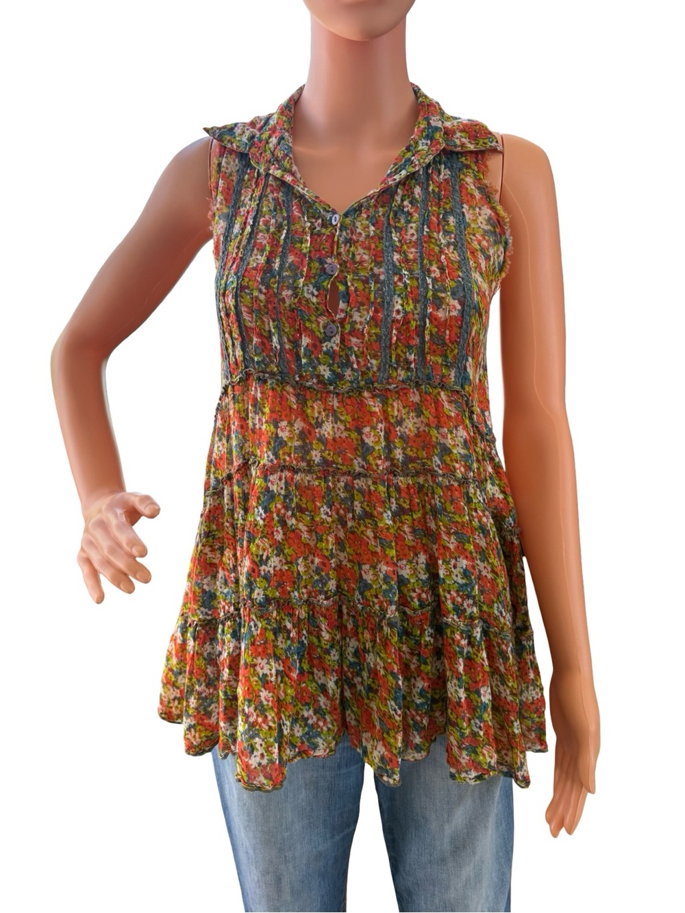 Free People Multicolor Floral Sleeveless Tunic with Collar